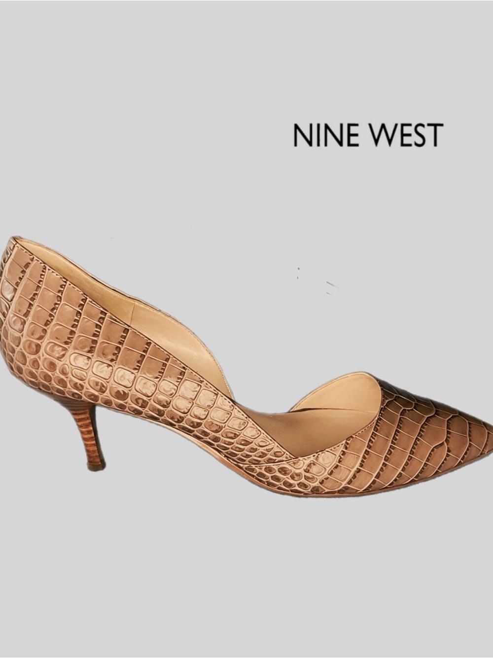 Nine West MAYIO Kitten Heel Pumps 7.5M Brown Croc-Embossed Pointed Toe